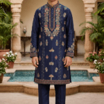 Blue Chanderi Thread Embroidered Kurta Set For Boys