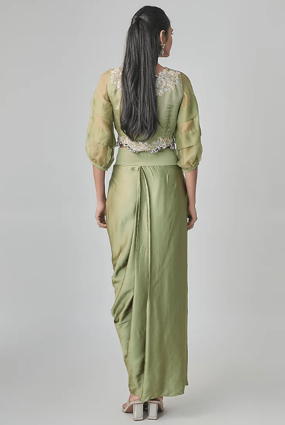 Sea Green Tissue Resham & Mukaish Embroidered Jacket Set - Image 2