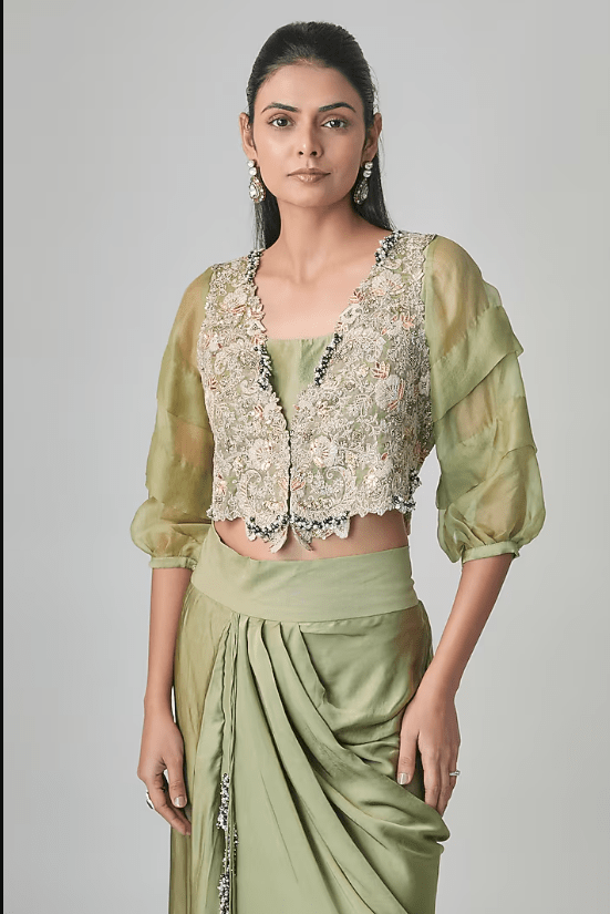 Sea Green Tissue Resham & Mukaish Embroidered Jacket Set - Image 4