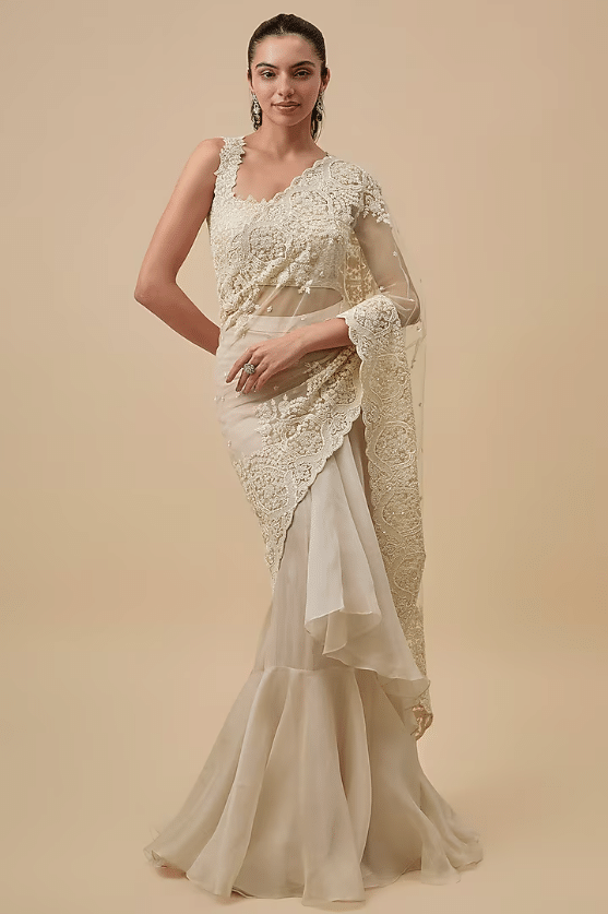 Ivory Net & Organza Ruffled Saree Set
