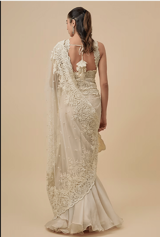 Ivory Net & Organza Ruffled Saree Set - Image 2
