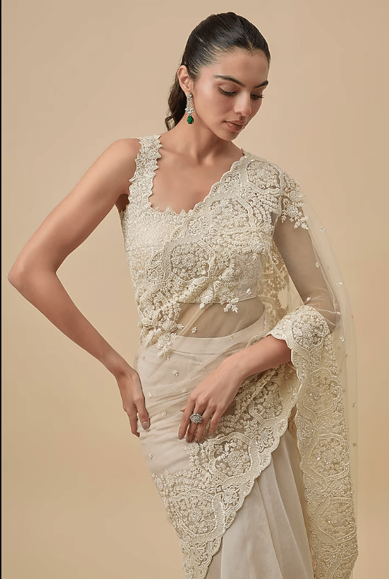 Ivory Net & Organza Ruffled Saree Set - Image 3