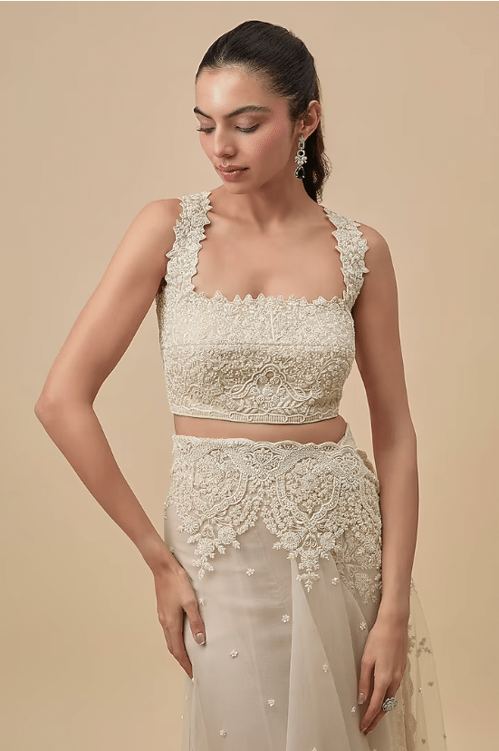 Ivory Net & Organza Ruffled Saree Set - Image 4