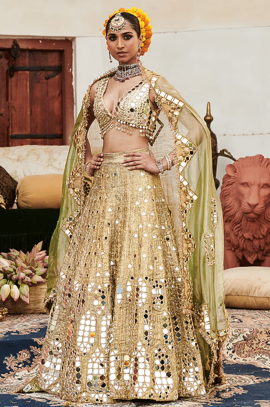 Gold Chanderi Silk Mirror Embroidered Lehenga Set