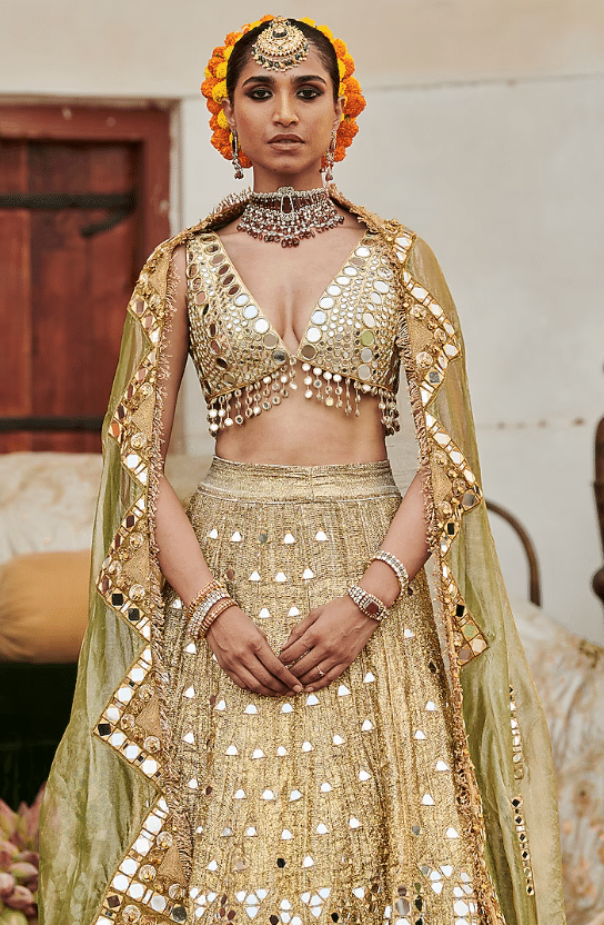 Gold Chanderi Silk Mirror Embroidered Lehenga Set - Image 3