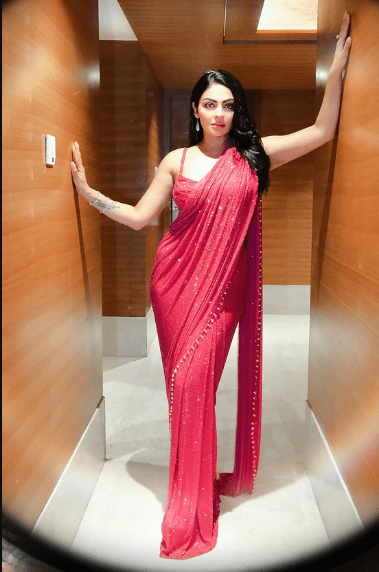 Magenta Pink Net Crystal Embellished Pre-Stitched Saree Set