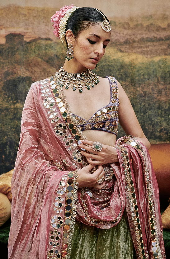 Green Tissue Lehenga Set - Image 3