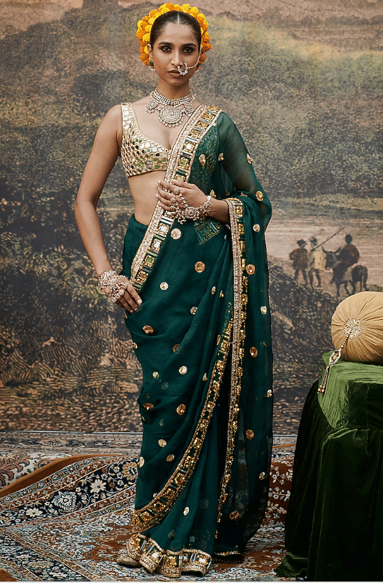 Green & Golden Organza Mirror Work Saree Set