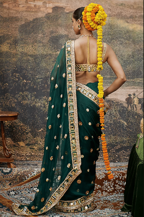 Green & Golden Organza Mirror Work Saree Set - Image 2
