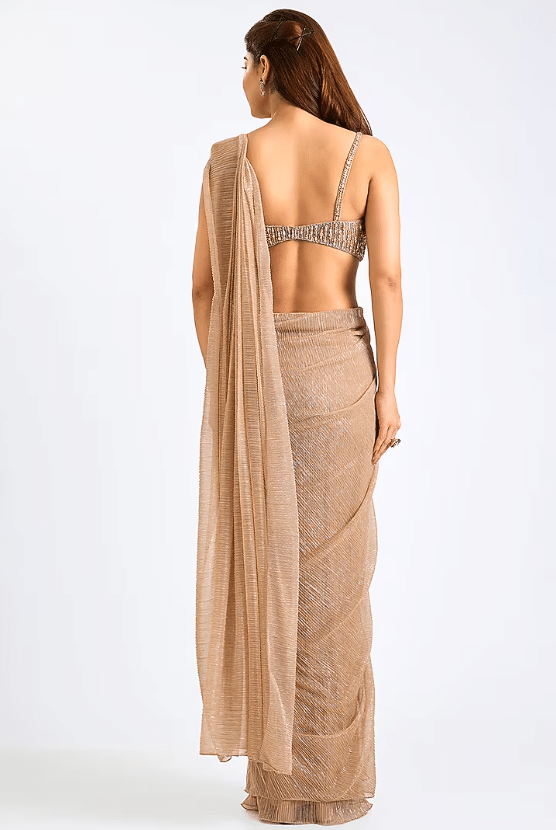 Nude Crinkled Lurex Saree Set - Image 2