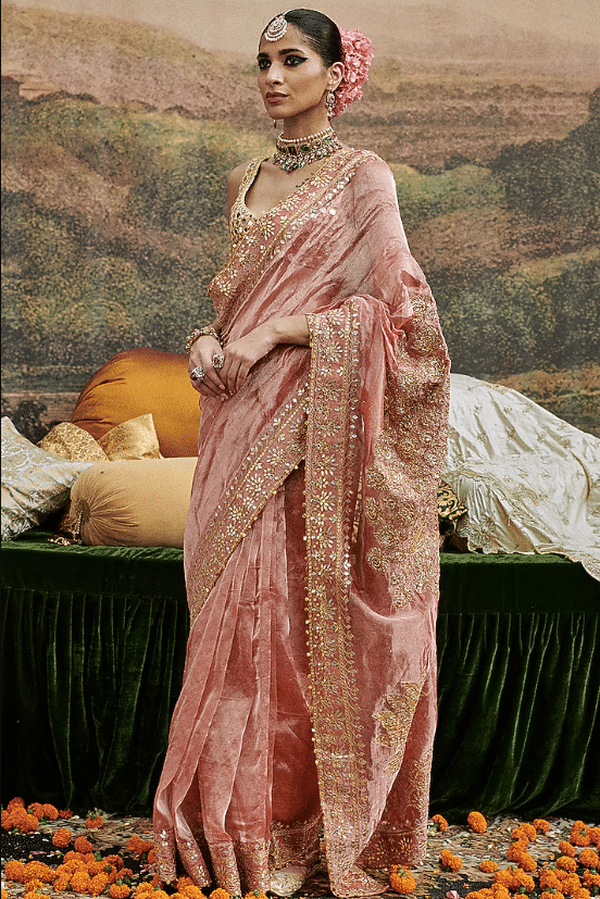 Red Tissue Gota-Patti Work Saree Set - Image 3