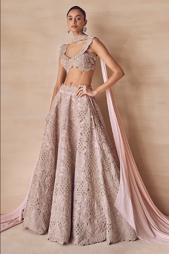 Pale Mauve Silk Organza Hand Embroidered Bridal Lehenga Set