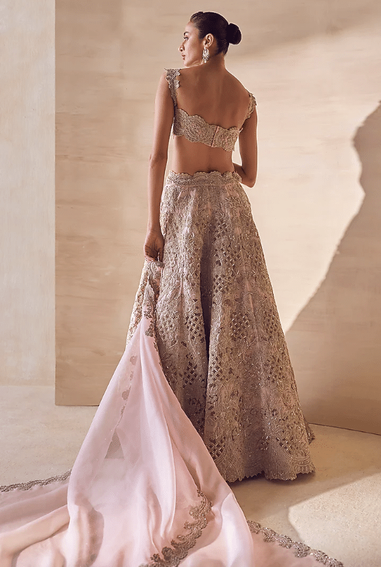 Pale Mauve Silk Organza Hand Embroidered Bridal Lehenga Set - Image 2