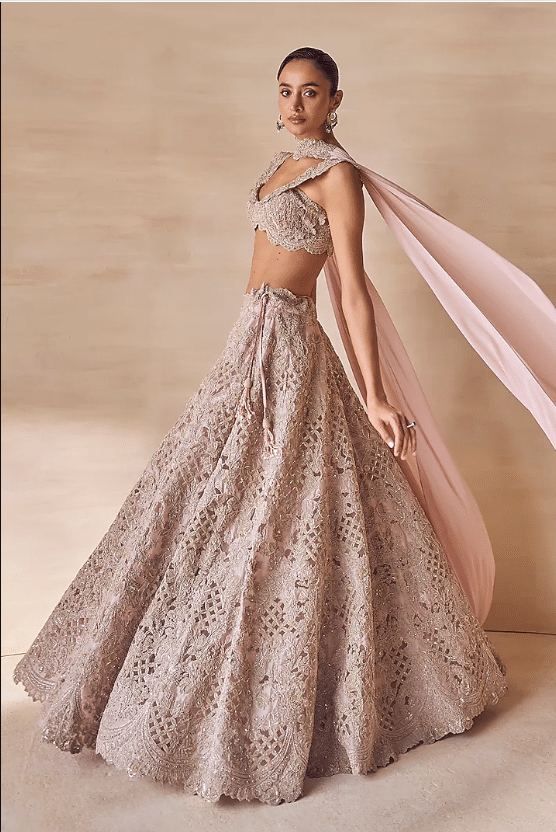 Pale Mauve Silk Organza Hand Embroidered Bridal Lehenga Set - Image 3