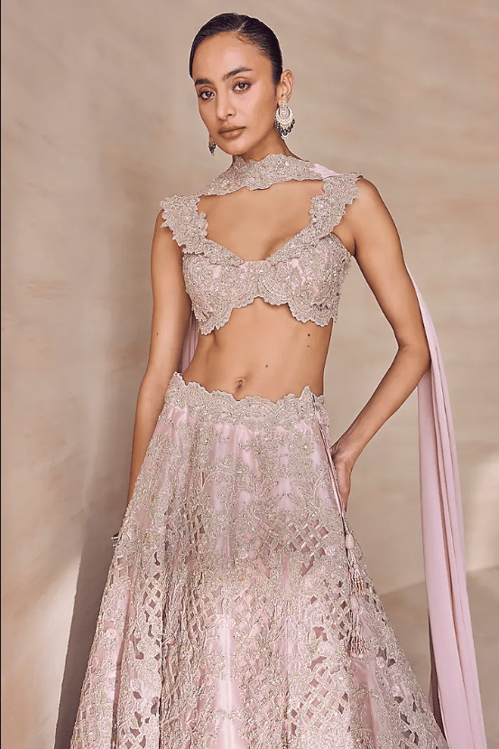 Pale Mauve Silk Organza Hand Embroidered Bridal Lehenga Set - Image 4