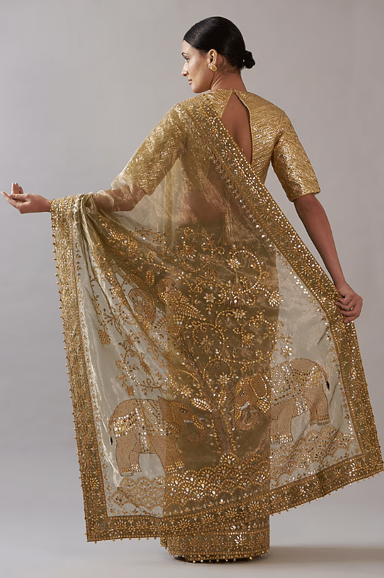 Mint Green Tissue Embroidered Saree Set - Image 2