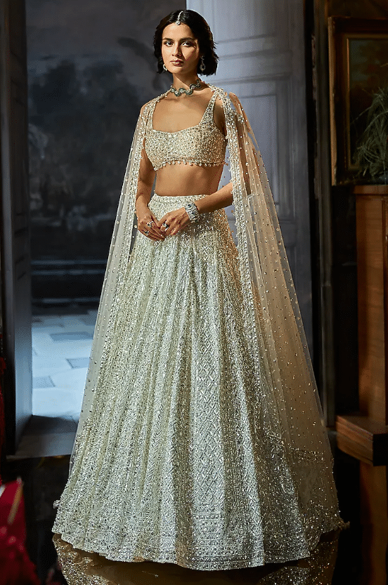 Milky White Net Sequins Embroidered Lehenga Set