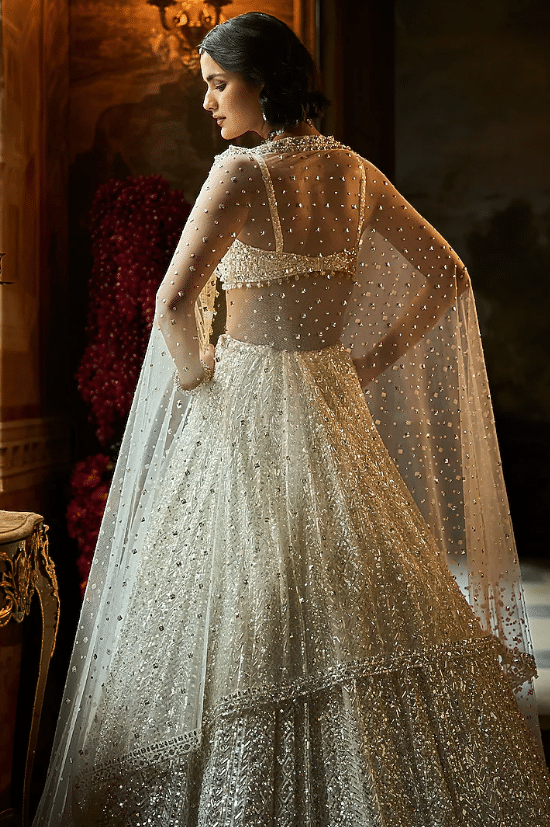 Milky White Net Sequins Embroidered Lehenga Set - Image 2
