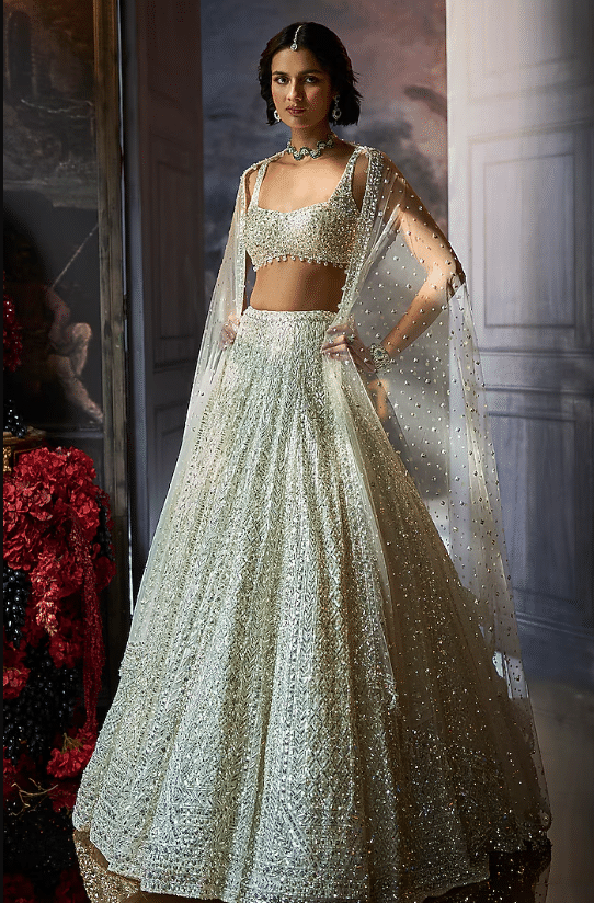 Milky White Net Sequins Embroidered Lehenga Set - Image 4
